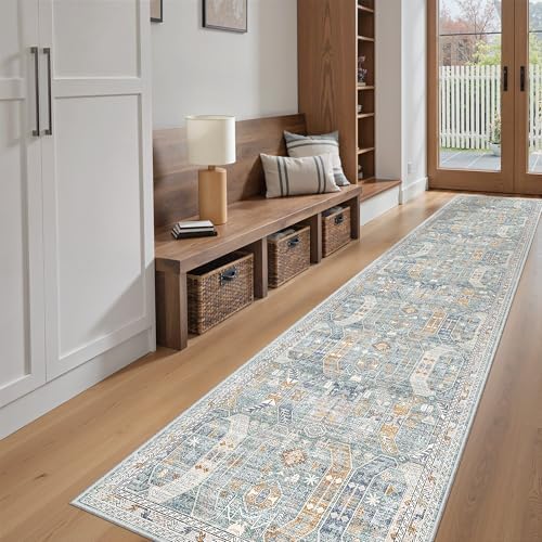 Madane Washable Runner Rugs 2x10 Long for Hallway Kitchen, Blue/Gold - Image 3