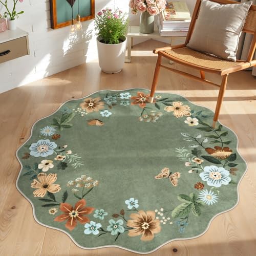 Lahome Floral Circle Round Area Rugs, Washable Small Round Rug 3ft Non-Slip by Lahome