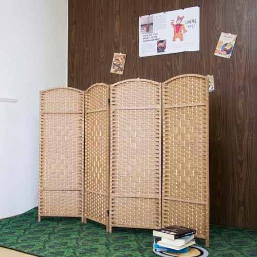 4-Panel Short Room Divider, 3.9 ft Freestanding Partition Wall, Light Brown Rattan Double-Sided Folding Screen for Living Room, Bedroom & Corner Privacy by Loomveil