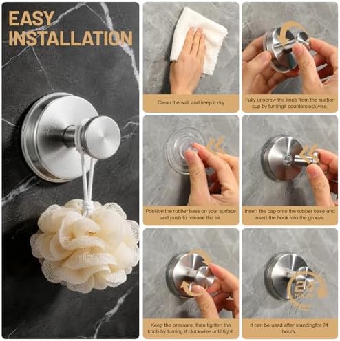 Suction Cup Hooks for Shower No-Drill Bathroom Hooks for Towels, Robes, Loofah Mountable on Bathroom Walls, Kitchen, Glass, Mirrors, Tile and Smooth,Non-Porous Surfaces (4, Brushed Nickel) - Image 3