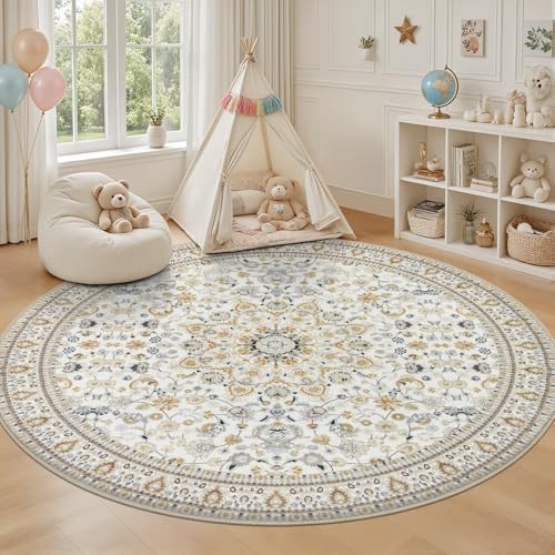 Round Area Rug for Living Room: 6ft Washable Rug for Bedroom Beige - Image 5
