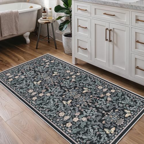 Puino 2x4 Washable Area Rug - Non Slip Vintage Throw Rugs Floral Dark Blue - Image 5