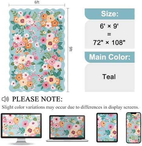 DUKINO 6x9 Area Rugs, Floral Washable Rug for Living Room Non Slip, Teal - Image 2