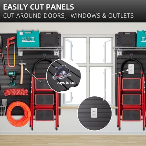 FRAYSCENT Slat Wall Paneling Garage Wall Organizer, Slatwall Panels Garage Tool Organizer Wall Mount Garage Slat Wall Storage Systems, Slat Board PVC Wall Panels Garage Storage (Black, 4ftx2ft) - Image 4