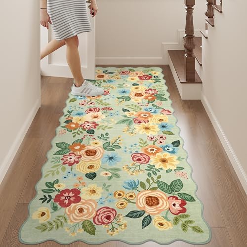 DUKINO 2x5 Washable Runner Rug, Floral Non Slip Rug for Kitchen, Green - Image 4