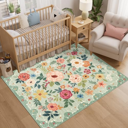 DUKINO 4x5 Area Rug for Entryway, Soft Floral Washable Rug Non Slip, Green - Image 3