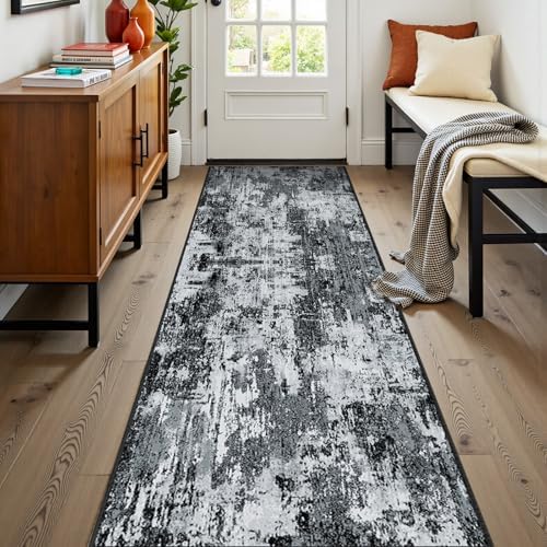 RELEANY Washable Runner 2'x8' Abstract Area Rug for Hallway Black White by RELEANY