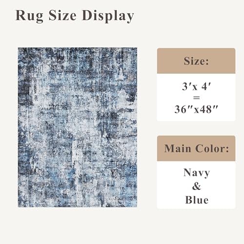 3x4 Washable Entryway Area Rug - Non-Slip Modern Small Indoor Mat for Bathroom,Living Room,Bedroom - Abstract Neutral Soft Low-Pile Throw Carpet with Rubber Backing（Blue） - Image 2