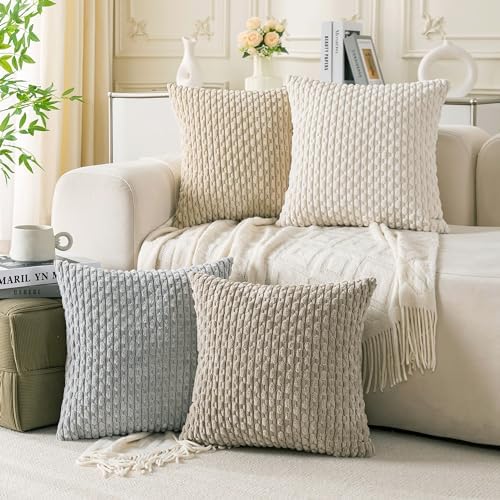 Set of 4 Neutral Decorative Throw Pillow Covers 22x22 Inch Corduroy Pillow Covers for Bed Couch Sofa Living Room Soft Square Cushion Cases by Cozoomy
