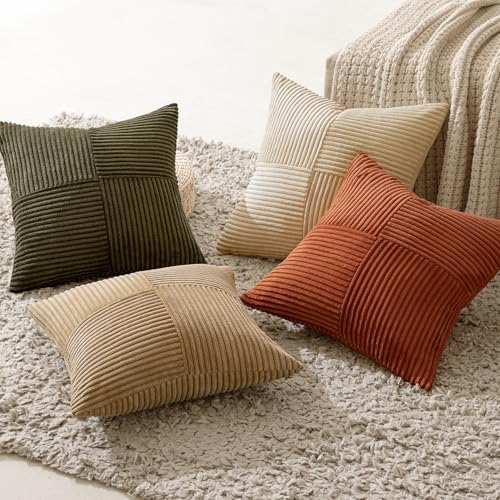 MIULEE Rust-Olive Green Decorative Throw Pillow Covers 20x20 Inch Set of 4 Boho Color-Clash Cushion Cases Farmhouse Pillow Cases Corduroy Striped Home Decor for Couch Sofa Living Room Bed - Image 3