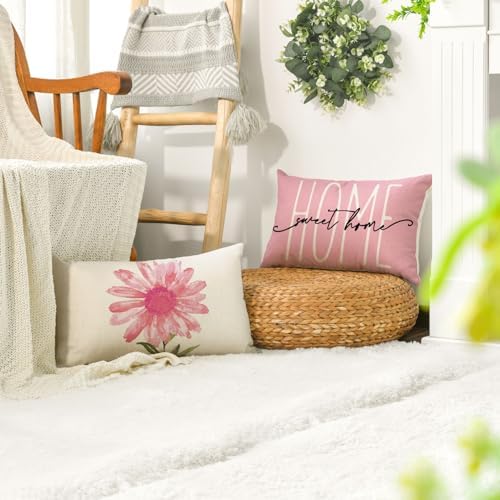 AVOIN colorlife Home Sweet Home Spring Summer Flowers Pink Throw Pillow Covers, 12 x 20 Inch Cushion Case for Sofa Couch Set of 4 - Image 5