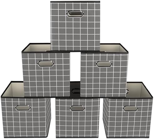 Yunkeeeper storage bins Cubes, Fabric Cube Organizer with Handle, Foldable Cube Bins for Cloth or Accessary Storage, 11x11x11, Set of 6, (Grey grid) by Yunkeeper