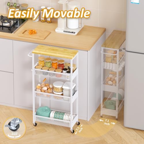 Vincona 7.1" Wide Slim Storage Cart on Wheels, 4 Tier Metal Narrow Rolling Cart with Handle and Wood Top, Multifunctional Small Mobile Shelf Unit Organizer Trolley for Laundry, Bathroom, Kitchen - Image 3