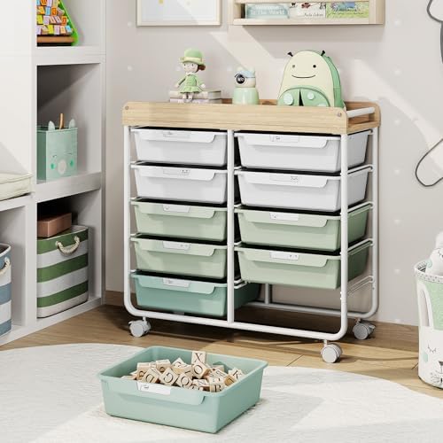 10 Drawer Rolling Storage Cart with Wood Top for Classroom Crafts Green - Image 2