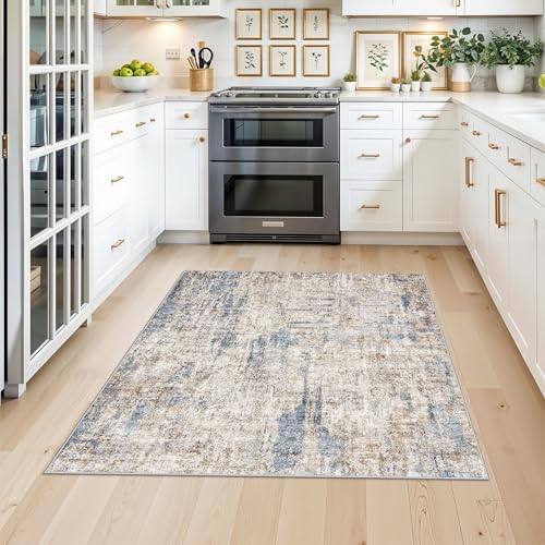 4x4 Square Entryway Rug Washable – Non-Slip Small Area Rug for Kitchen or Bathroom, Soft Low-Pile Indoor Mat, Modern Abstract Thin Door Carpet (Blue Brown) - Image 3