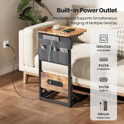 HLDIRECT C Shaped End Table with Charging Station & Storage Bag Brown - Image 4