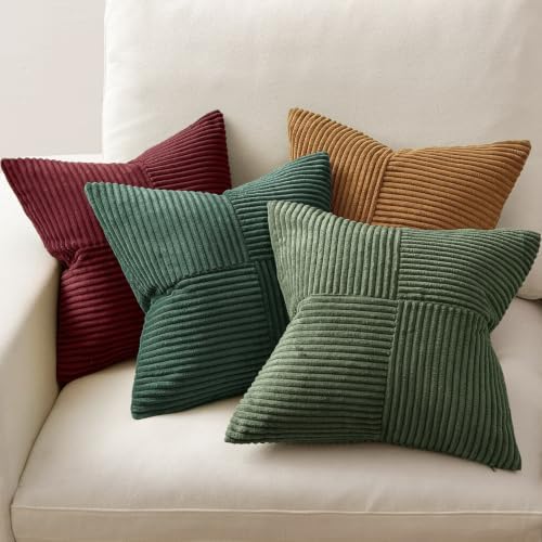 MIULEE Boho Christmas Green Decorative Throw Pillow Covers 18x18 Set of 4 Farmhouse Cushion Covers Color-Clash Corduroy Pillow Cases Modern Soft Corduroy Patchwork Home Decor for Couch Sofa Bedroom - Image 4