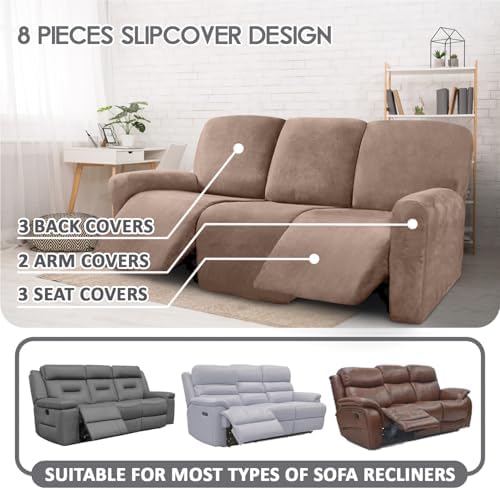 ULTICOR Velvet 8-Pieces Recliner Sofa Covers Stretch Reclining Couch Covers for 3 Cushion Reclining Sofa Slipcovers Furniture Covers Thick Soft Washable (3 Seater Recliner Cover, Sand) - Image 2