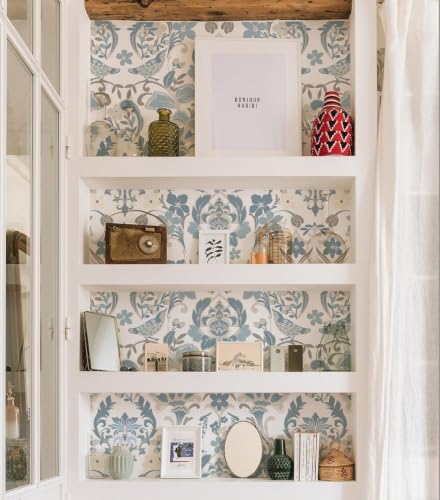 Vintage Peel and Stick Wallpaper, Light Blue Beige Traditional Damask Floral Removable Wallpaper for Bedroom Closet Accent Wall, Farmhouse Cottage Home Decor (Soft Blue, 17.3"x236.22") - Image 6