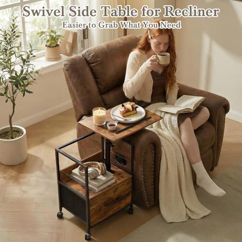 Faesun Swivel Lift Top Nightstand, Rolling Side Table for Recliner, Bedside Table with Wheels & a Fabric Drawer, for Small Spaces, for Bedroom, Living Room, Brown - Image 5