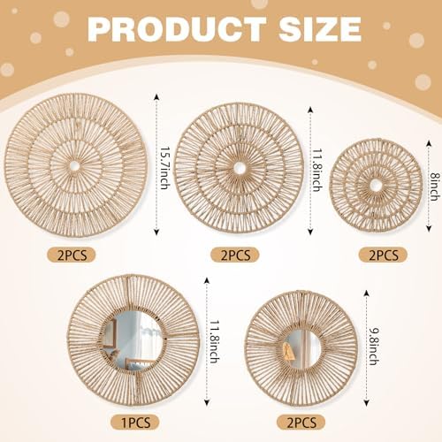 Yerliker 9 Pack Wicker Jute Wall Decor Baskets - Wicker Woven Jute Wall Mirrors Baskets Decorative Boho Hanging Woven Basket, Rustic Round Mirrors Natural Home Decor Set for Bedroom Living Room - Image 2