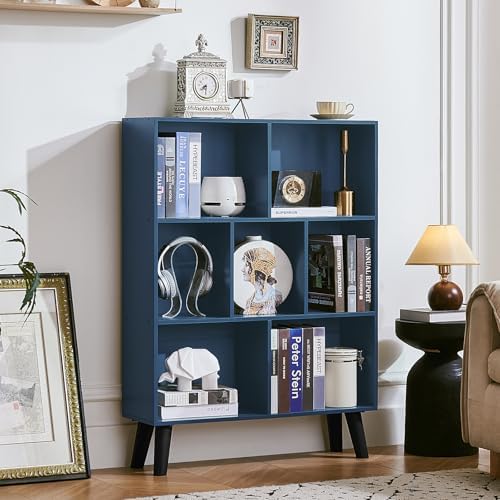 LEYAOYAO Cube Bookshelf, Mid-Century Modern Book Shelf with Legs, Dark Blue - Image 3