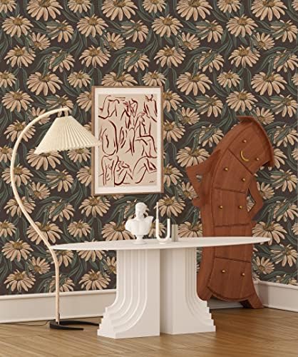 HAOKHOME Vintage Peel and Stick Wallpaper Floral Brown/PeachPuff/Green Daisy Wall Decor Home Bathroom Boho Decor 17.3in x 9.8ft - Image 4