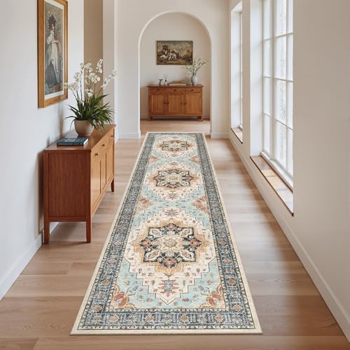 Madane Hallway Runner Rug 2x8 Washable Kitchen Rugs Non-Slip, Orange/Blue - Image 2