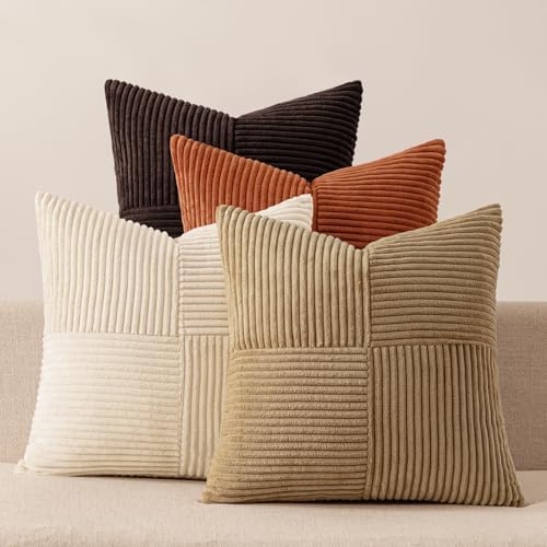 MIULEE Brown Beige Throw Pillow Covers 20x20 Inch Set of 4 Boho Farmhouse Cushion Cases for Livingroom Couch Bed Soft Corduroy Pillow Cases with Invisible Zipper Home Decor by MIULEE