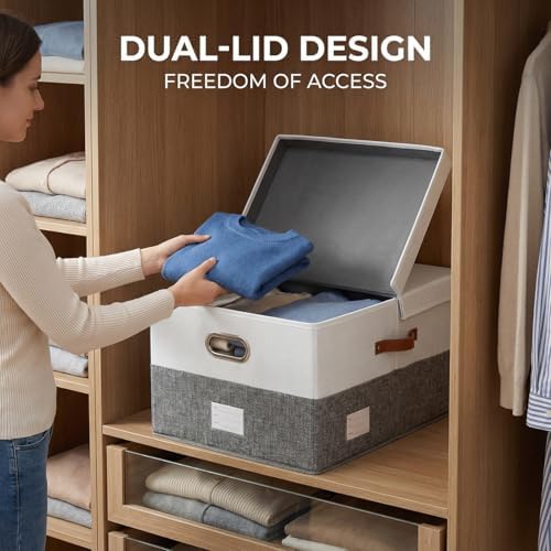PRANDOM Storage Bins with Lids [3-Pack] Linen Fabric Foldable Storage Boxes Organizer Containers Baskets Cube with Cover for Bedroom Closet Office Grey&White (23.4X15.9X11.4) - Image 4