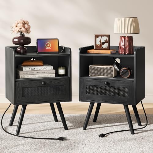 SUPERJARE Nightstands with Charging Station, Set of 2, All Black by SUPERJARE