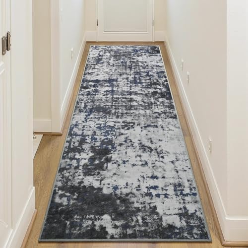 2x6 Washable Runner Rug Non Slip Runners for Hallway, Kitchen Soft Stain Resistant Floor Carpet with Rubber Backing Abstract Rugs for Entryway, Bedroom, Bathroom, Laundry Room, Dark Grey Blue - Image 4