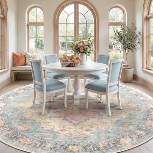 RELEANY Washable Area Rug, Round 10ft, Blue/Orange/Red - Image 3