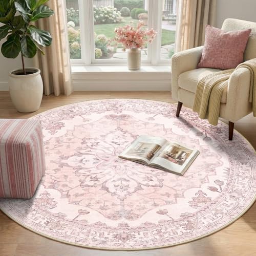 RELEANY Washable Area Rug, Round 4ft, Pink - Image 2