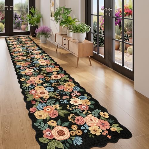 DUKINO 2.6x14 Runner Rug, Floral Washable Rug for Hallway Non Slip, Black by DUKINO