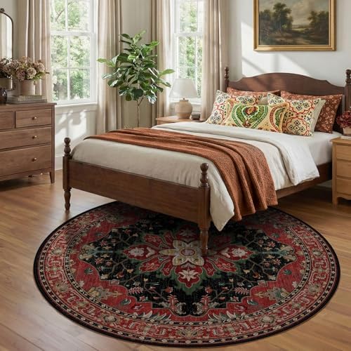 RELEANY Washable Area Rug, Round 8ft, Red/Black - Image 3