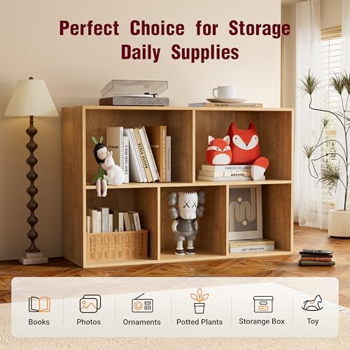Book Shelf, Wooden Cube Storage Organizer with 11" Open Cubes, Stackable Modular Bookcase for Room Divider Storage, 2 Tier Bookshelf for Living Room, Bedroom, Office (Oak, 5-Cube) - Image 6