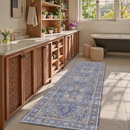 Washable Area Rug 2'6'' x 8' Vintage Traditional Persian Mat - Foldable Distressed Non-Slip Machine Washable Carpet for Living Room Bedroom Kitchen Home Decor - Indigo and Gold - Image 2