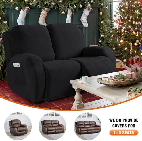 VANSOFY Stretch Recliner Loveseat Cover, Slipcover, Black, 2 Seater - Image 4