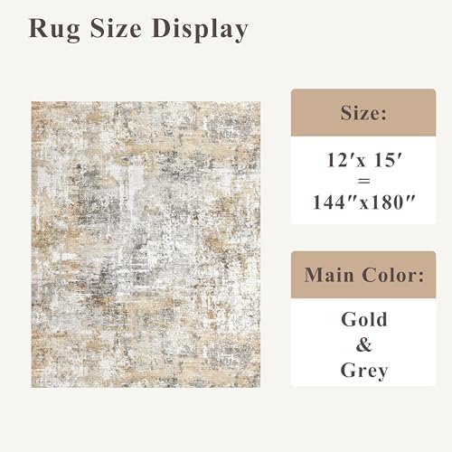 12x15 Area Rug for Living Room – Large Modern Neutral Abstract Thin Washable Carpet, Soft Low Pile Non-Slip Stain-Resistant for Bedroom Dining Room Home Office (Gold Grey) - Image 2
