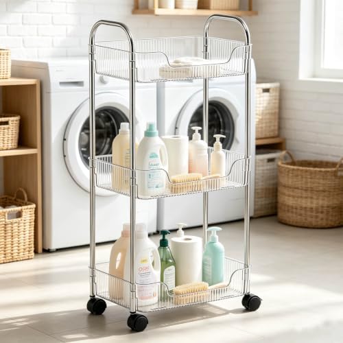 3 Tier Storage Organizer Rolling Utility Cart with Clear Baskets & Wheels - Image 7