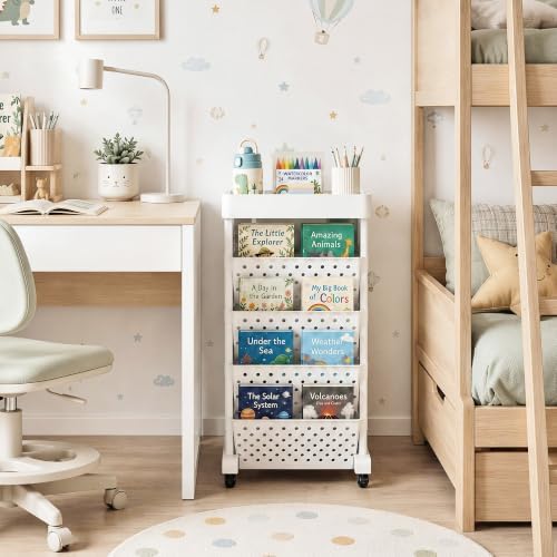 5-Tier Rolling Bookshelf Cart with Wheels, White - Image 4