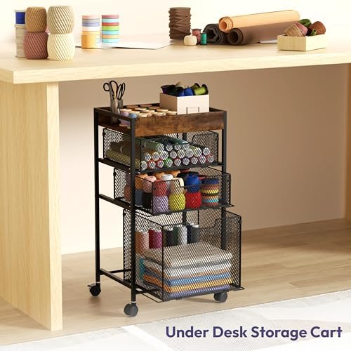 SWTYMIKI Rolling File Cart with Drawers - 4 Tier Under Desk Storage Craft Rolling Organizer Cart - Office Storage &Organization, Mobile Metal Filing Cabinet for Office and Home Espresso - Image 4