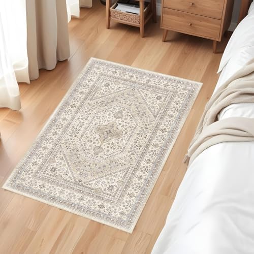 2x3 Washable Entryway Area Rug - Non-Slip Boho Throw Rugs Beige Gray - Image 2