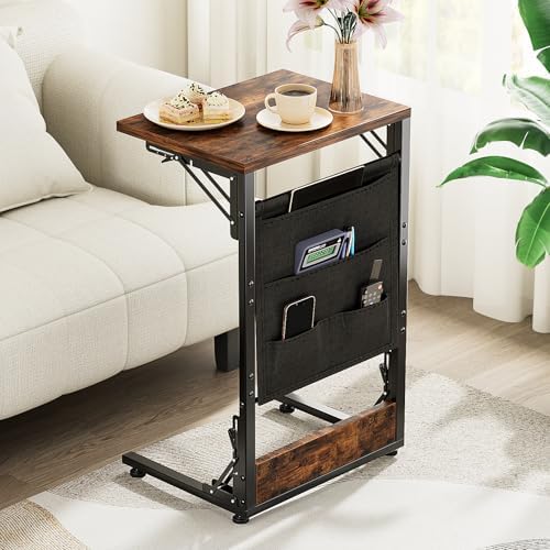 Folding TV Tray Table, 28.8" Tall C-Shaped Side Table for Couch and Bed, Slide Under Sofa Side Desk with Storage Bag - Sturdy Metal Frame Tray for Living Room, Bedroom, Home & Office (Rustic Brown) - Image 2