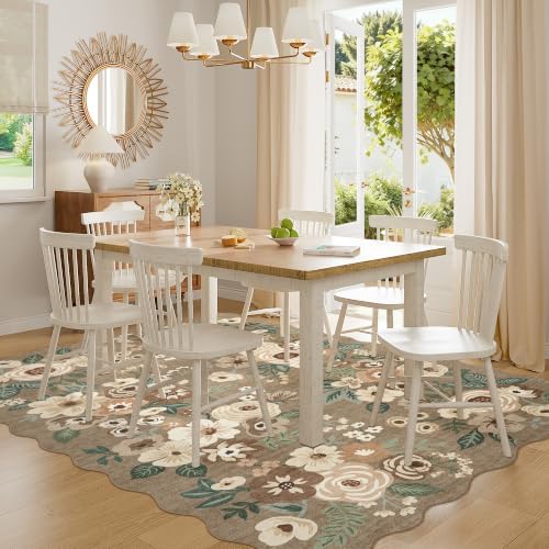 DUKINO 6x9 Area Rugs, Floral Washable Living Room Rug Non Slip, Light Taupe - Image 3