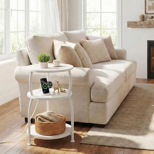 Round Side Table with Power Outlet, USB Type C Port, 3-Tier End Table - Image 2