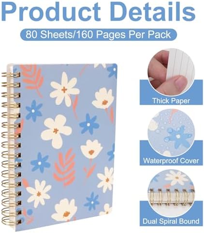 4pack A6 Spiral Notebooks with 4pcs Pens, 5.7x4.1 Inch Small College Ruled Notepads, 80 Sheets Mini Floral Journals Diary Memo Planner for Women Gift Office School Supplies (160 Pages) - Image 3