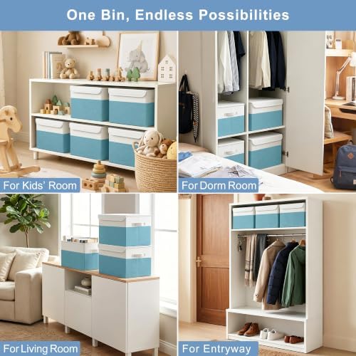Large 17" 42 Quarts Collapsible Stackable Storage Bins with Lids [3-Pack] Foldable Fabric Linen Storage Boxes Cube, Closet Organizer Baskets with Label for Home (16.7 x 12 x 12", Teal & White) - Image 4