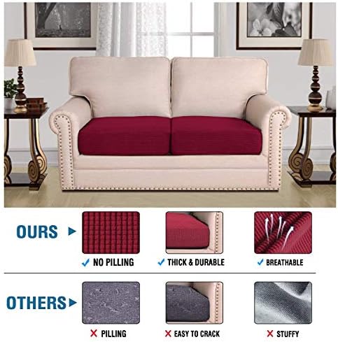 H.VERSAILTEX Super Stretch Individual Seat Cushion Covers Sofa Covers Couch Cushion Covers Slipcover Sets Thick Jacquard Textured Twill Fabric (2 Piece Medium Sofa Cushion Covers, Burgundy Red) - Image 2